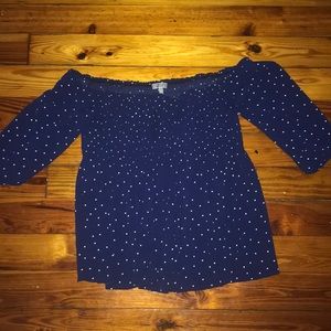 Blue and white polka dot off the shoulder top